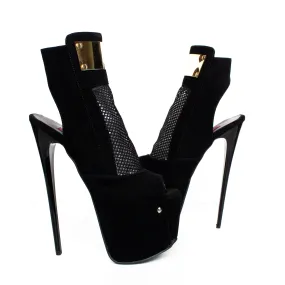 Ankle Cut Golden Fishnet Detail Black Platform Heels