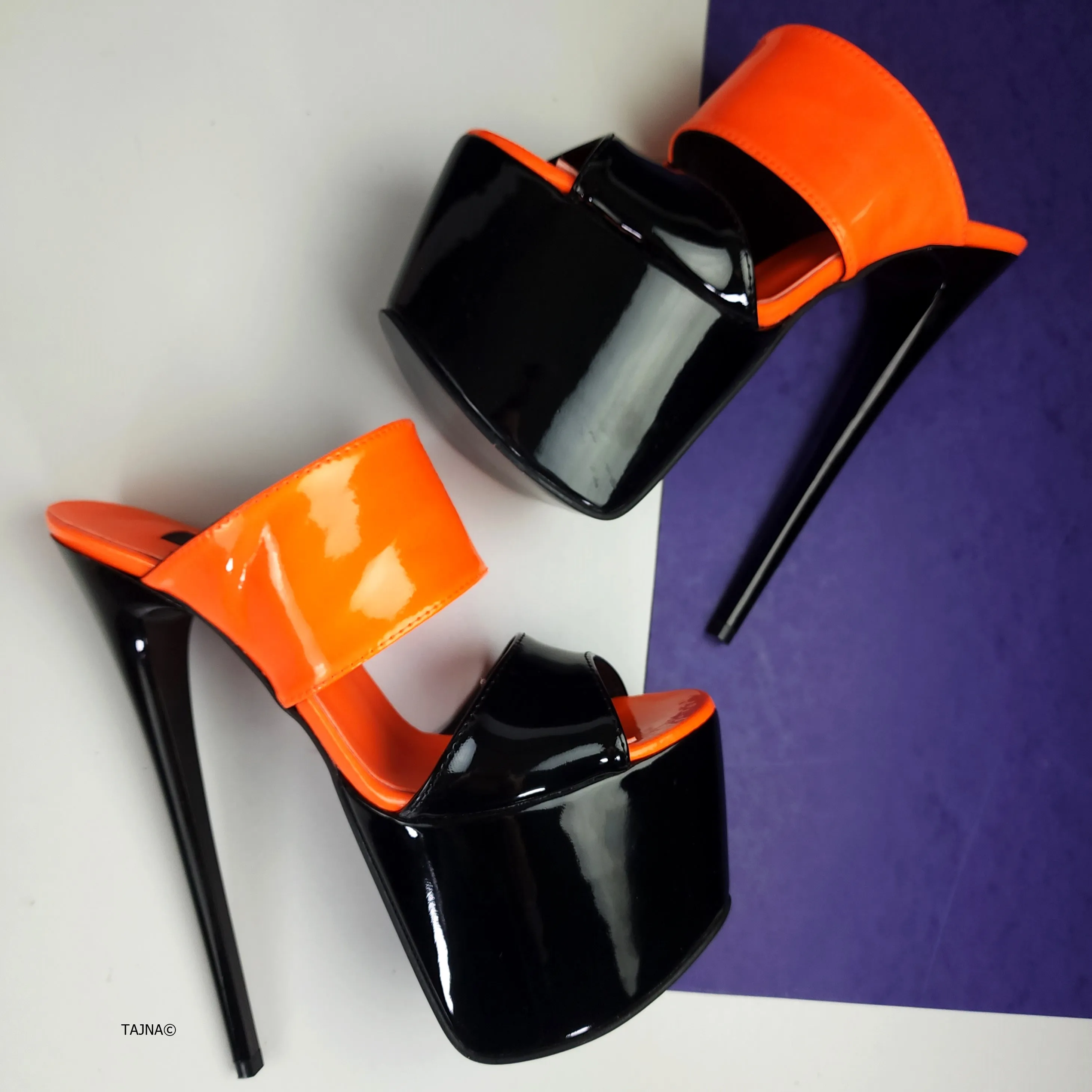 Black Orange Gloss Double Strap Mules