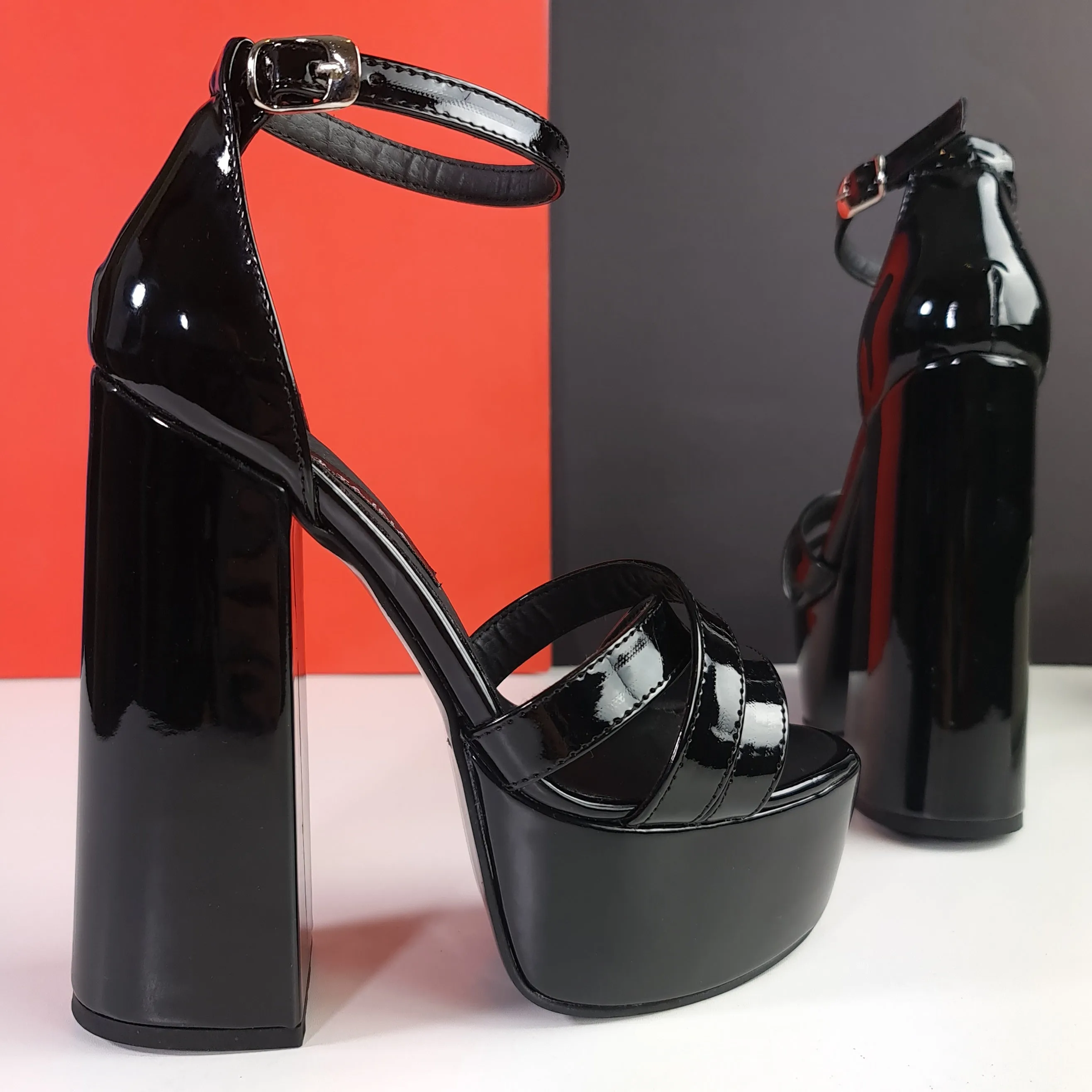 Block Chunky Black Gloss High Heel Sandals