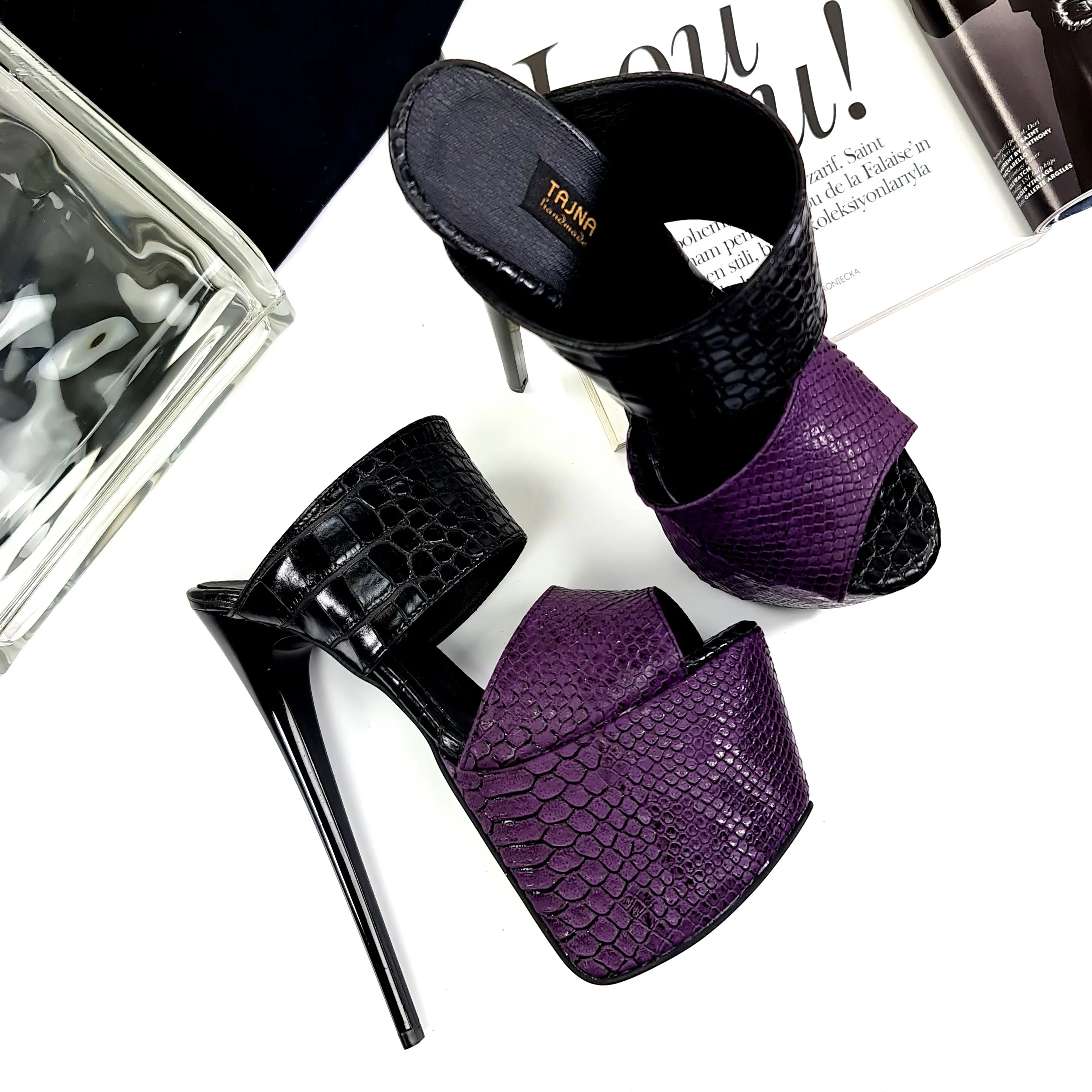 Croco Purple Black Double Strap High Heel Mules