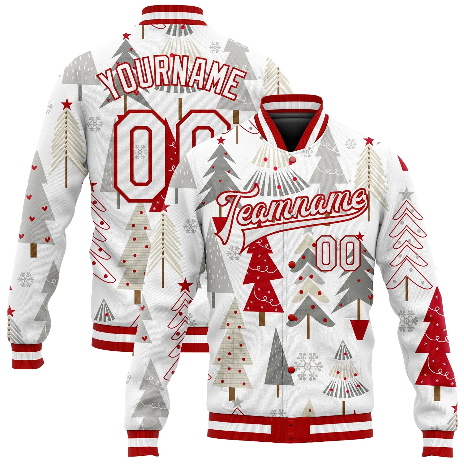 Custom White White Red-Gray Christmas 3D Bomber Full-Snap Varsity Letterman Jacket