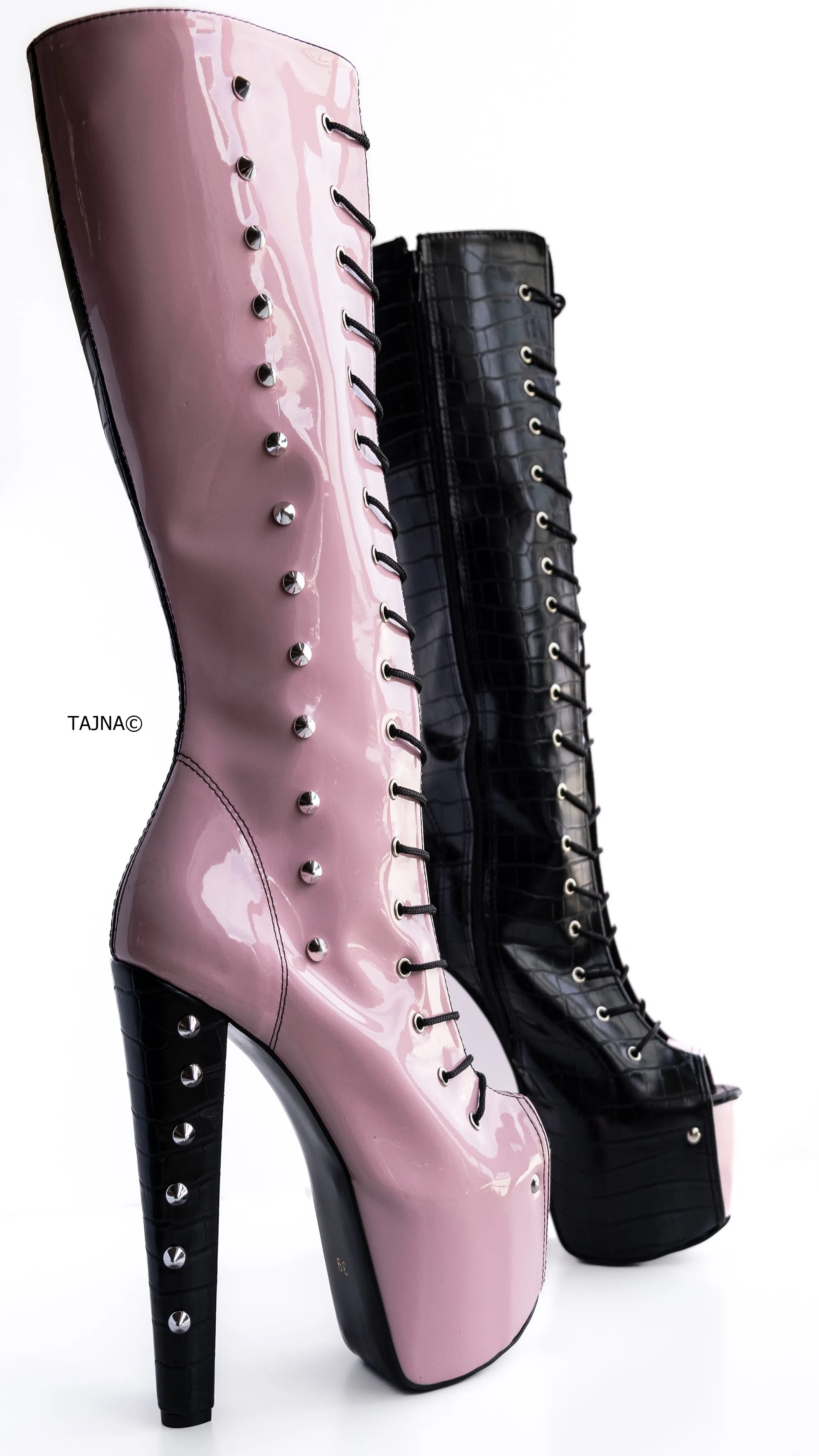 Double Coloured Pink Black Spiked Mid Calf Boots