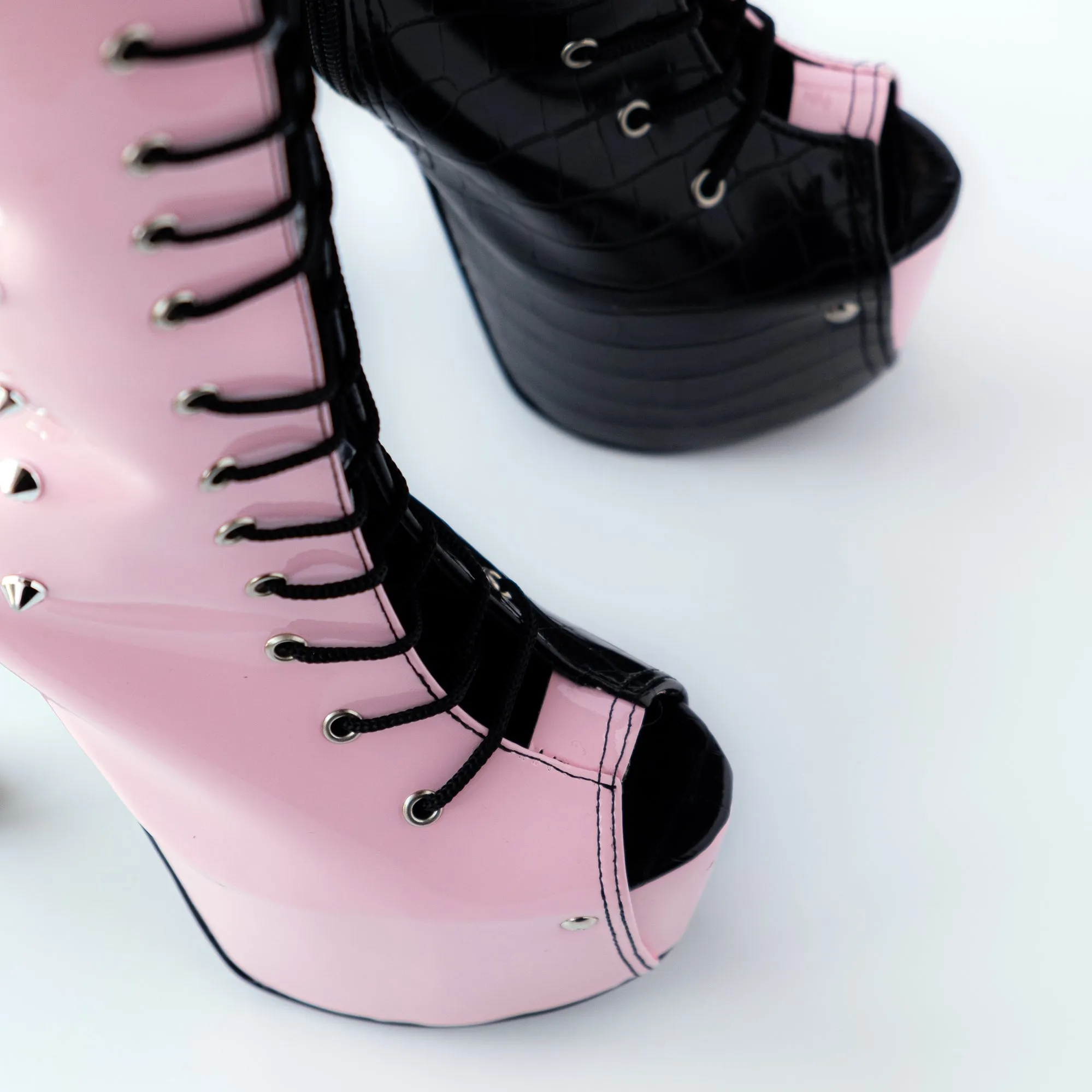 Double Coloured Pink Black Spiked Mid Calf Boots