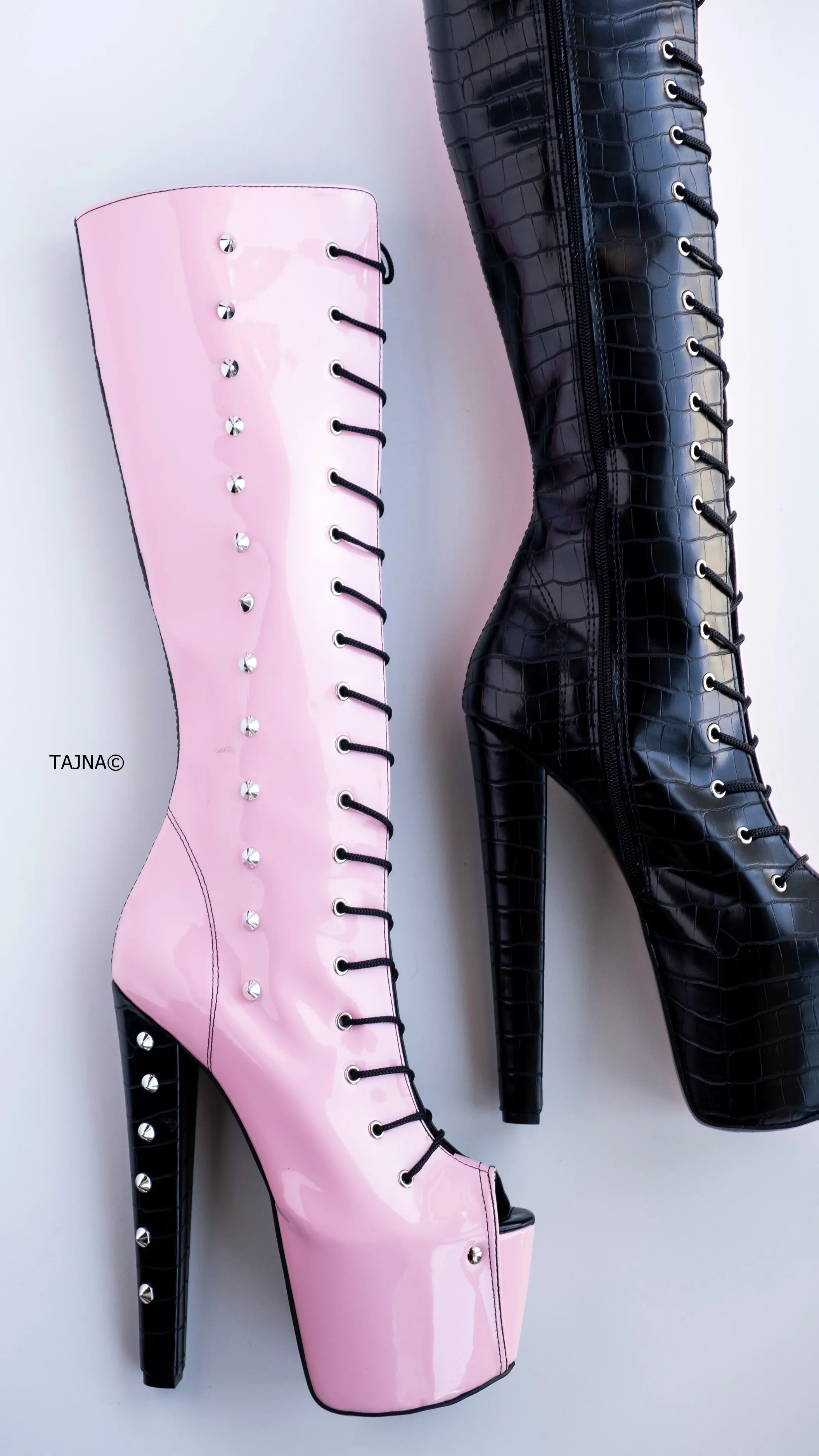 Double Coloured Pink Black Spiked Mid Calf Boots