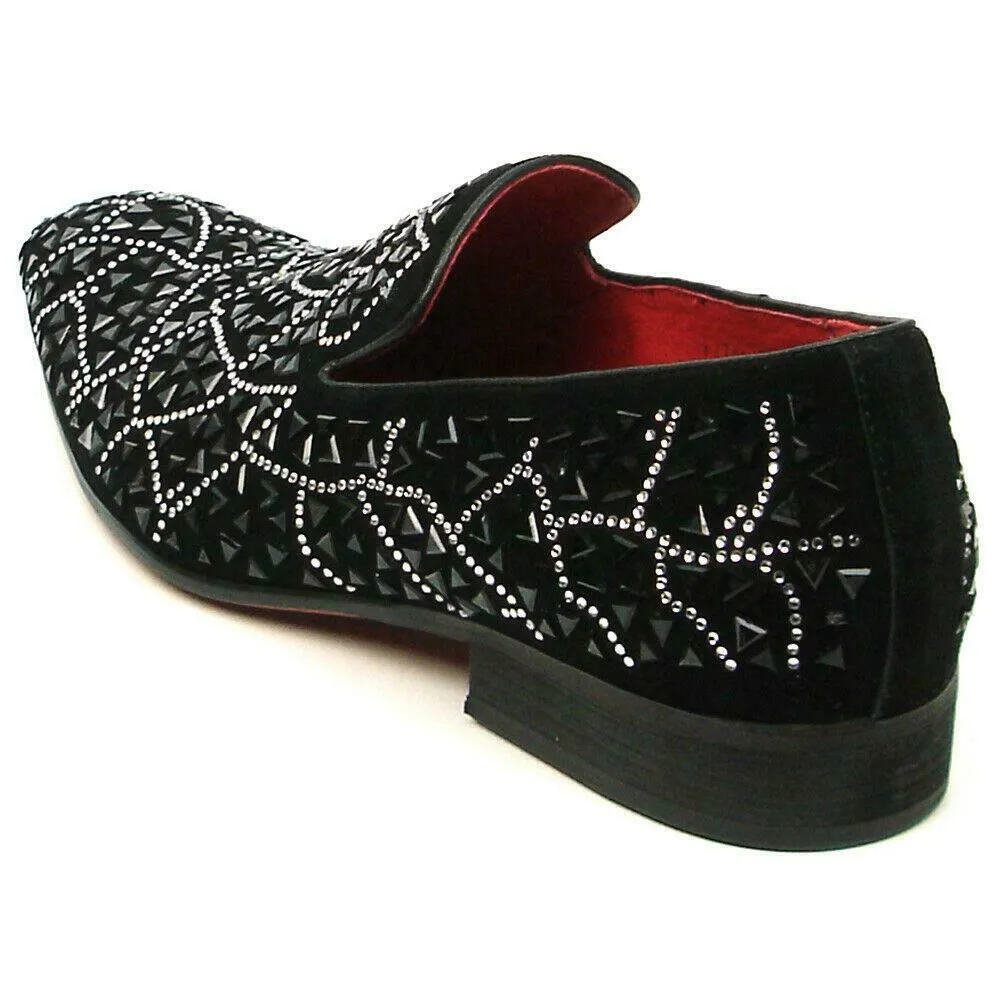 Fiesso Black Suede Black Rhinestones Formal Entertainer Slip on Shoes FI 7415