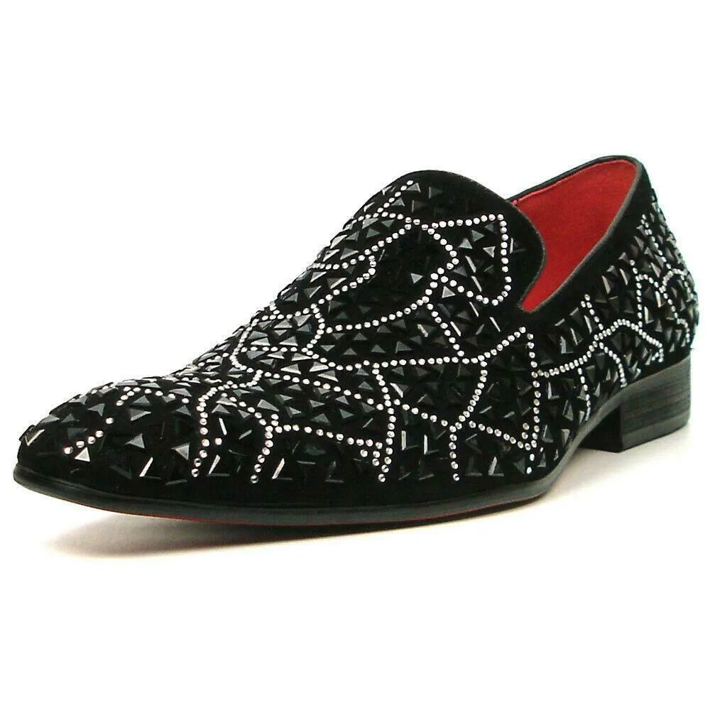 Fiesso Black Suede Black Rhinestones Formal Entertainer Slip on Shoes FI 7415