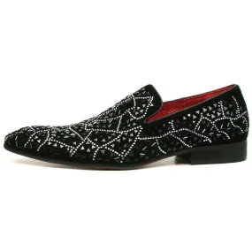 Fiesso Black Suede Black Rhinestones Formal Entertainer Slip on Shoes FI 7415