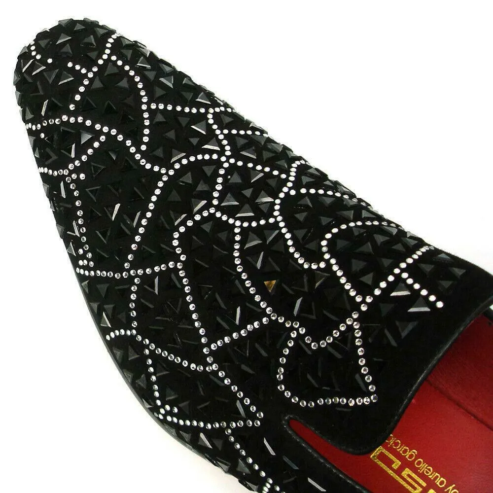 Fiesso Black Suede Black Rhinestones Formal Entertainer Slip on Shoes FI 7415