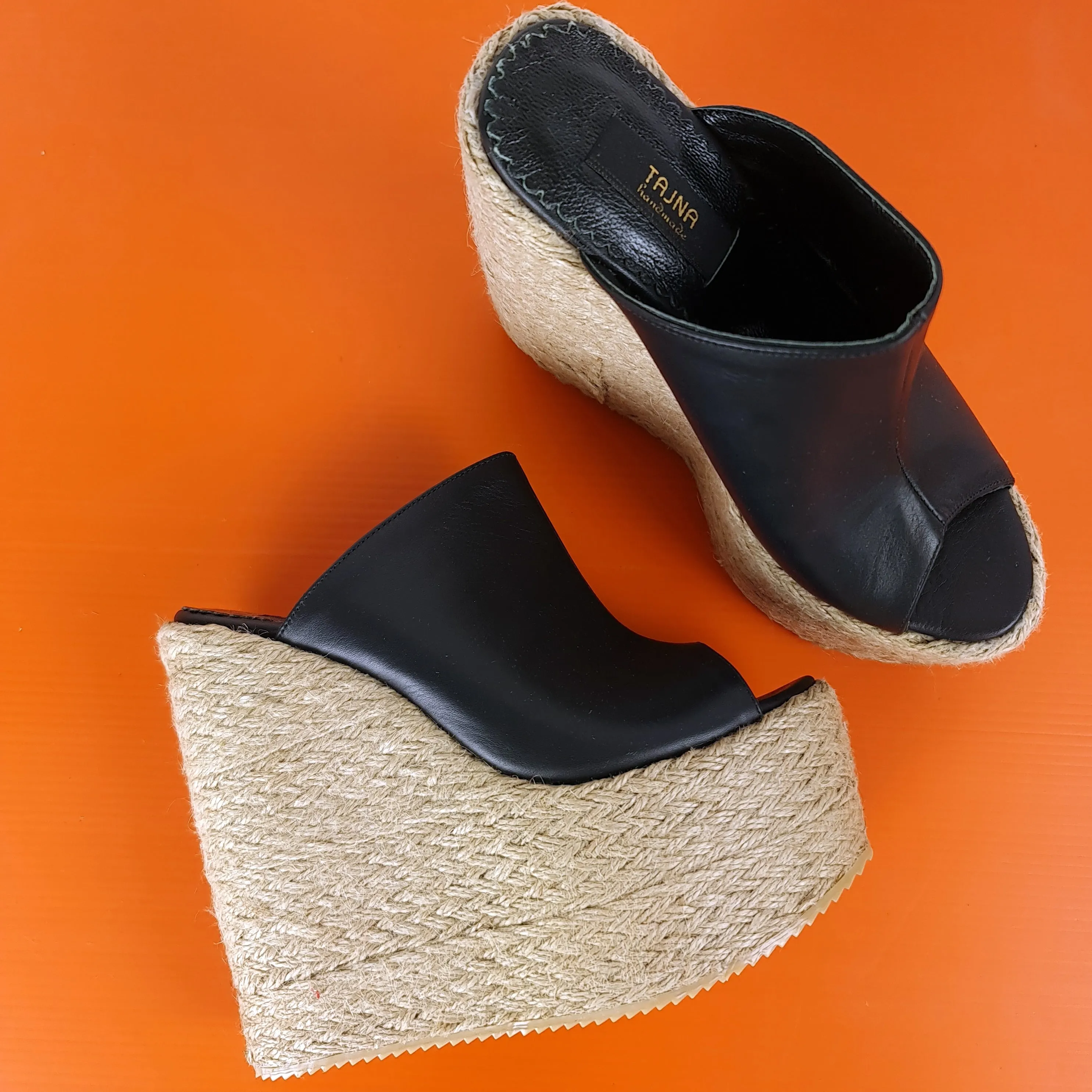 Genuine Leather Espadril Heel Wedge Mules