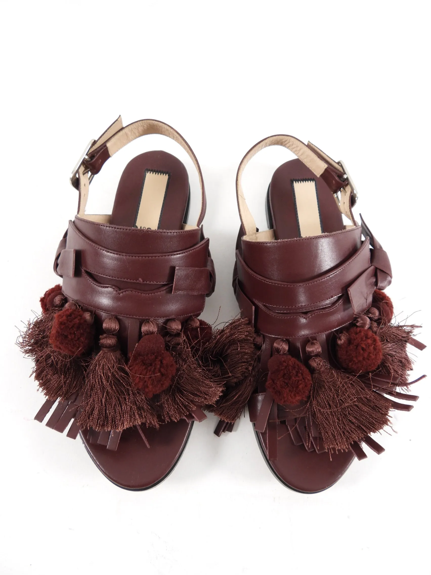 No 21 Mahogany Leather Pom Pom Tassel Flat Sandals - 38.5 / 8