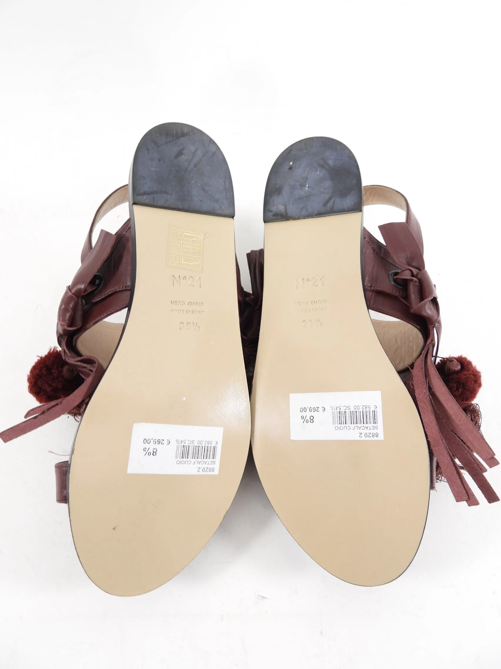 No 21 Mahogany Leather Pom Pom Tassel Flat Sandals - 38.5 / 8