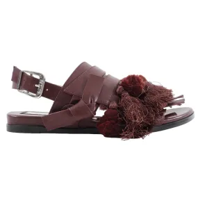 No 21 Mahogany Leather Pom Pom Tassel Flat Sandals - 38.5 / 8