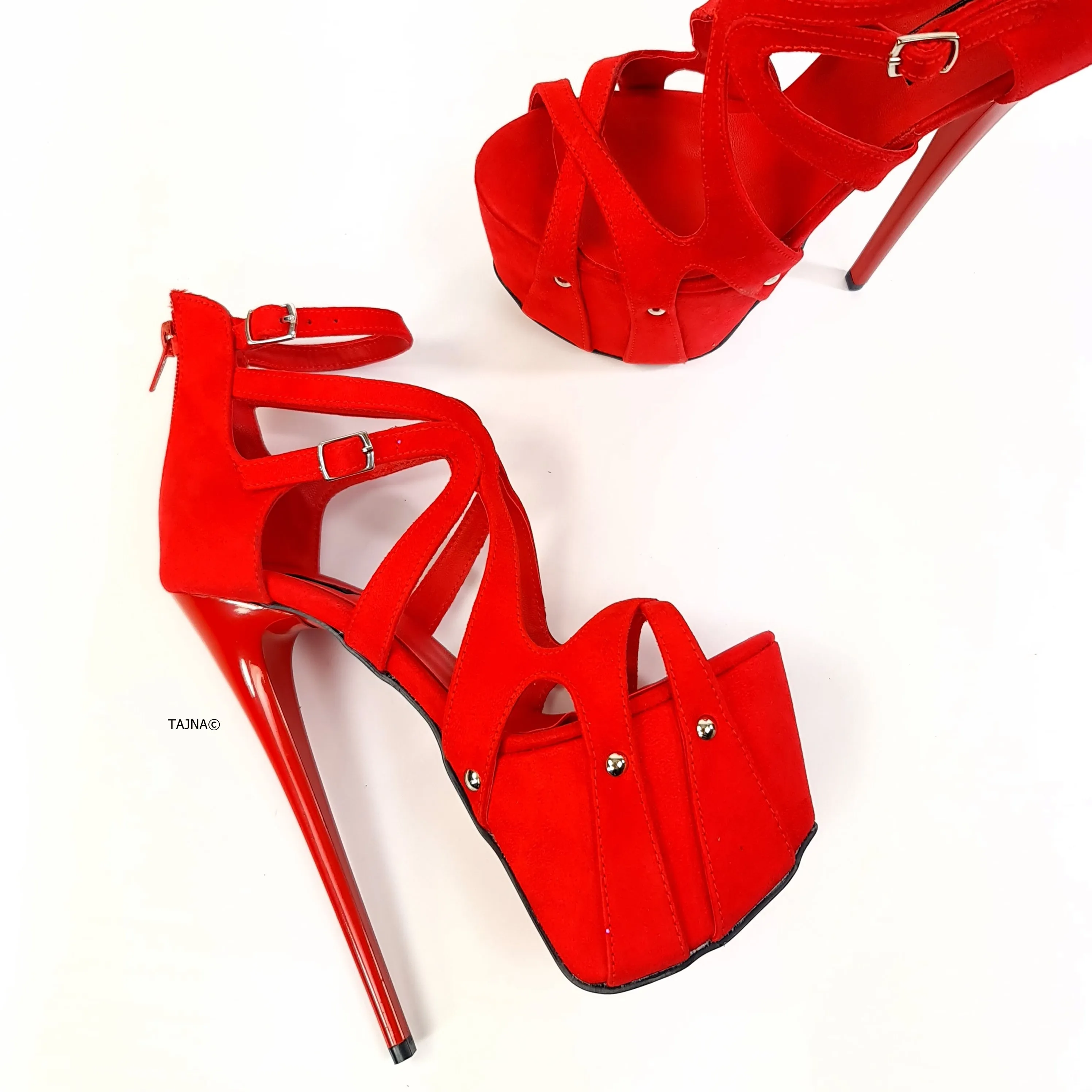 Pencil Heel Red Suede Lazer Cage Platforms