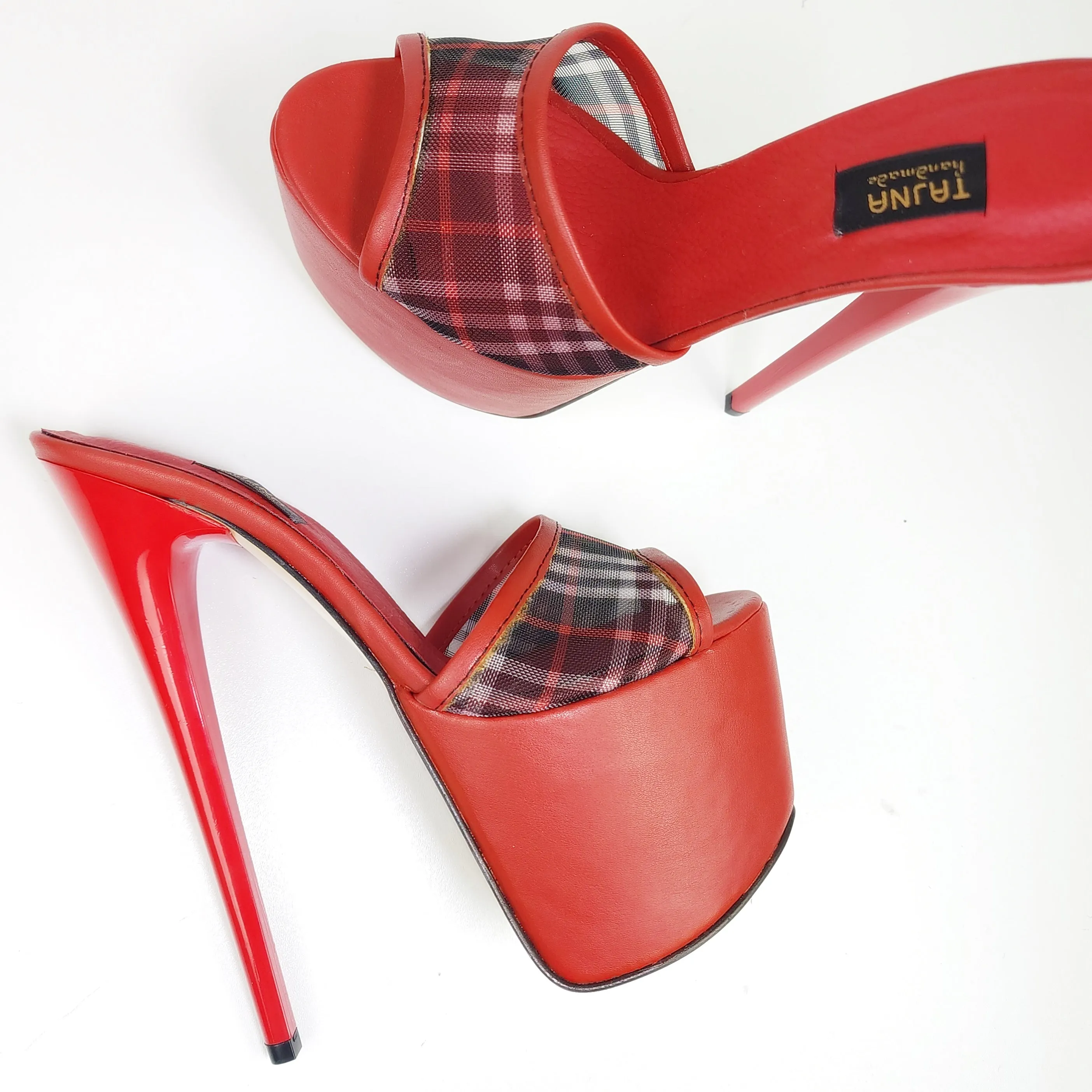 Red Transparent Tartan Plaid High Heel Mules