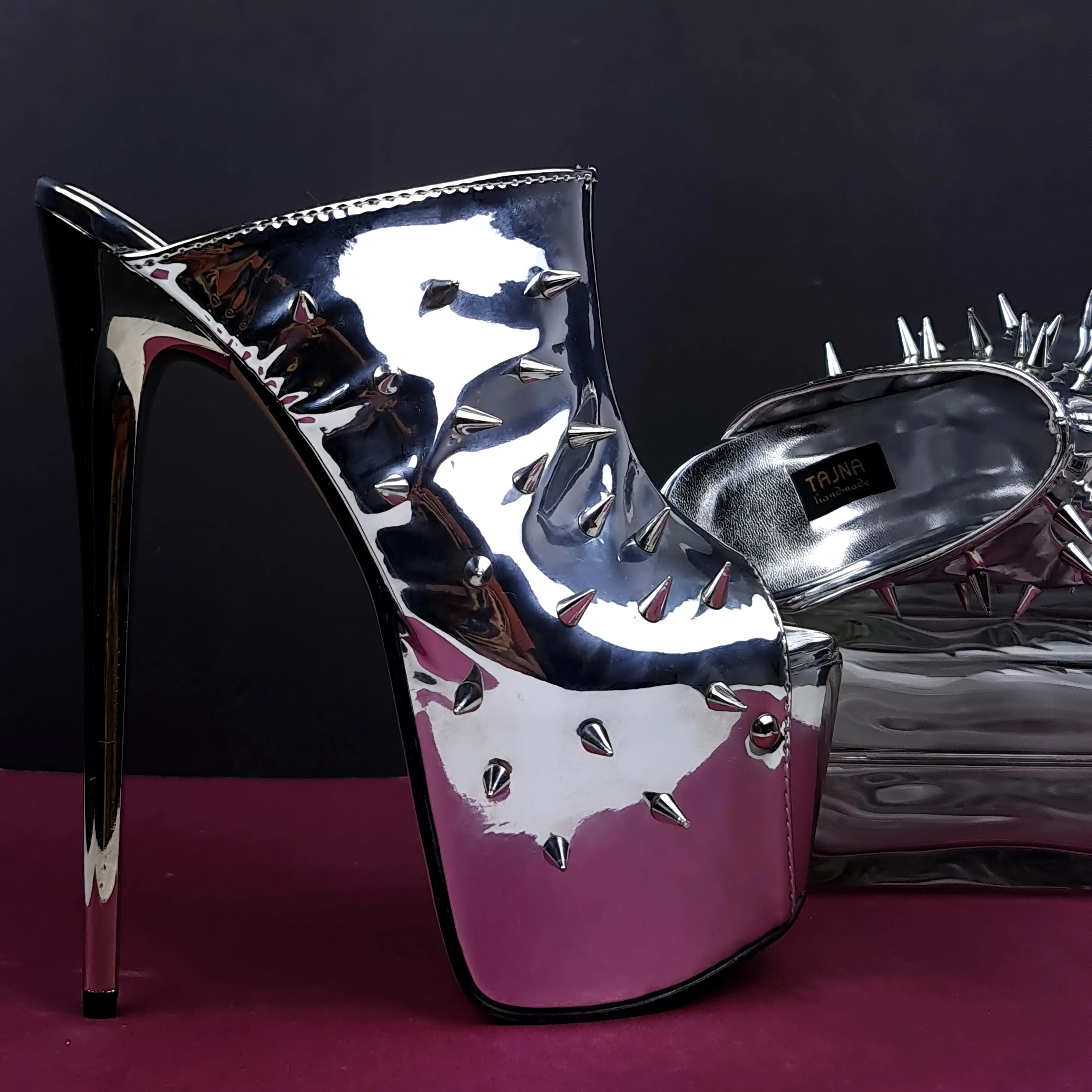 Silver Mirror Spike Studded High Heel Mules