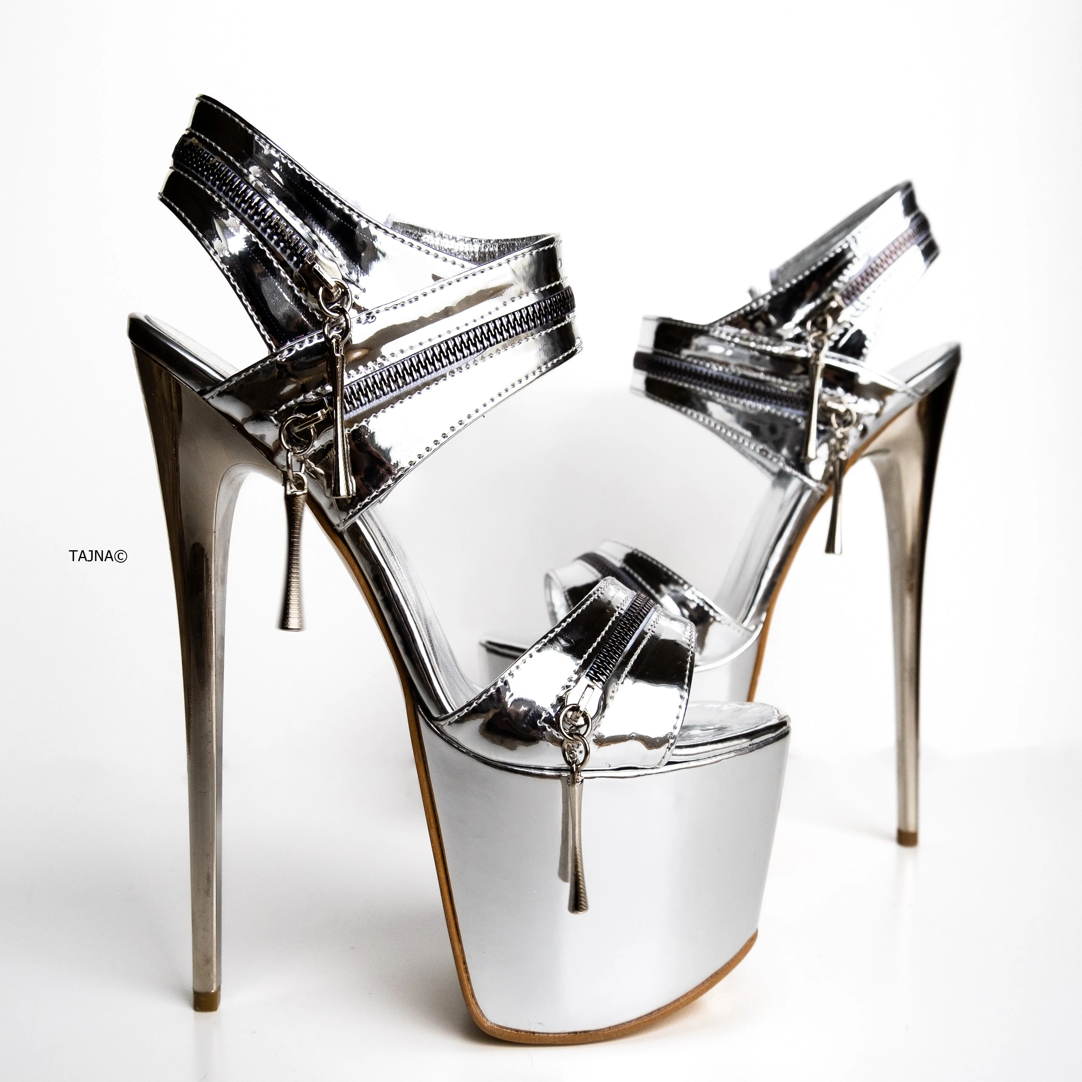 Silver Mirror Zipper Detail High Heel Sandals