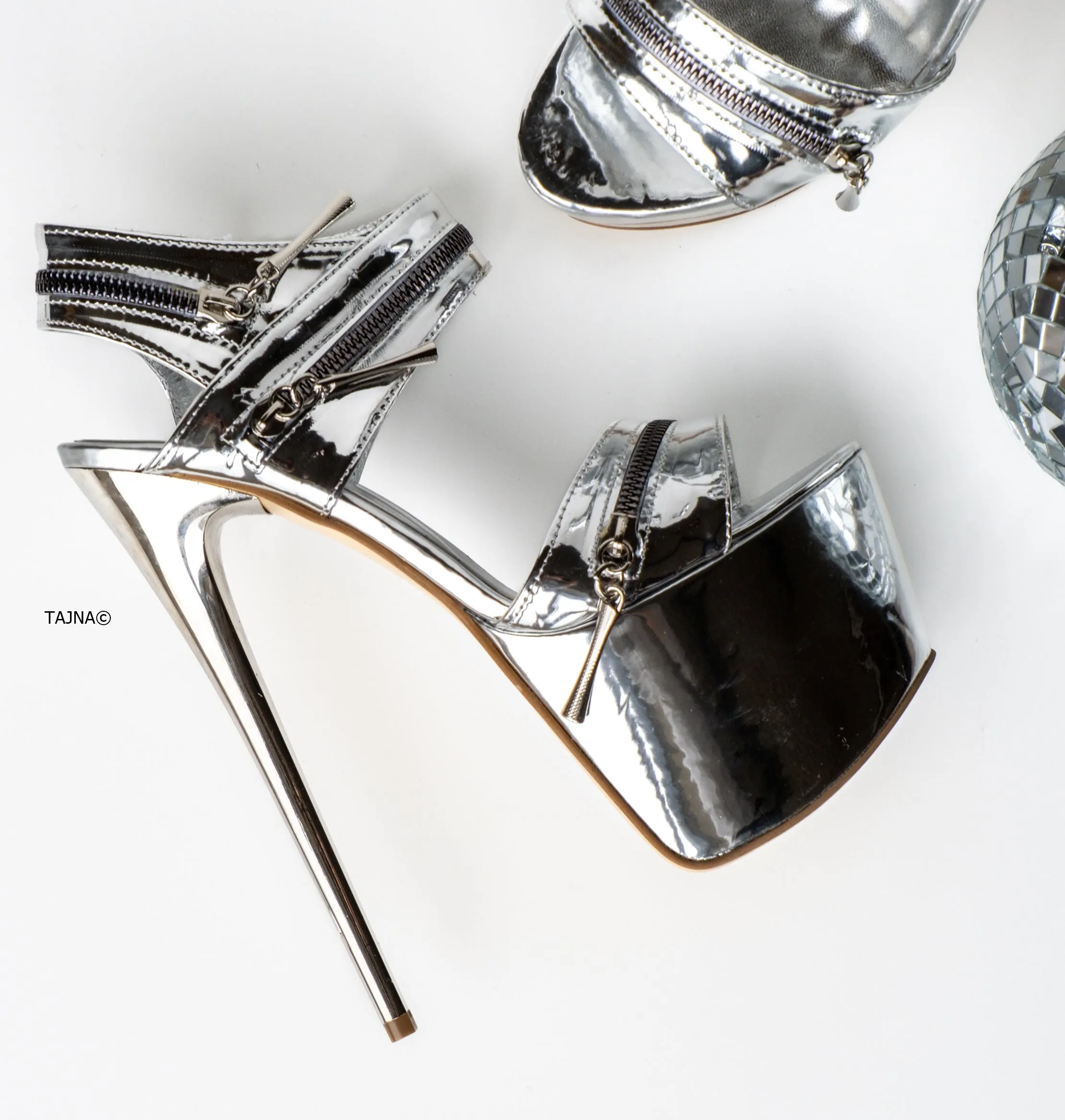 Silver Mirror Zipper Detail High Heel Sandals