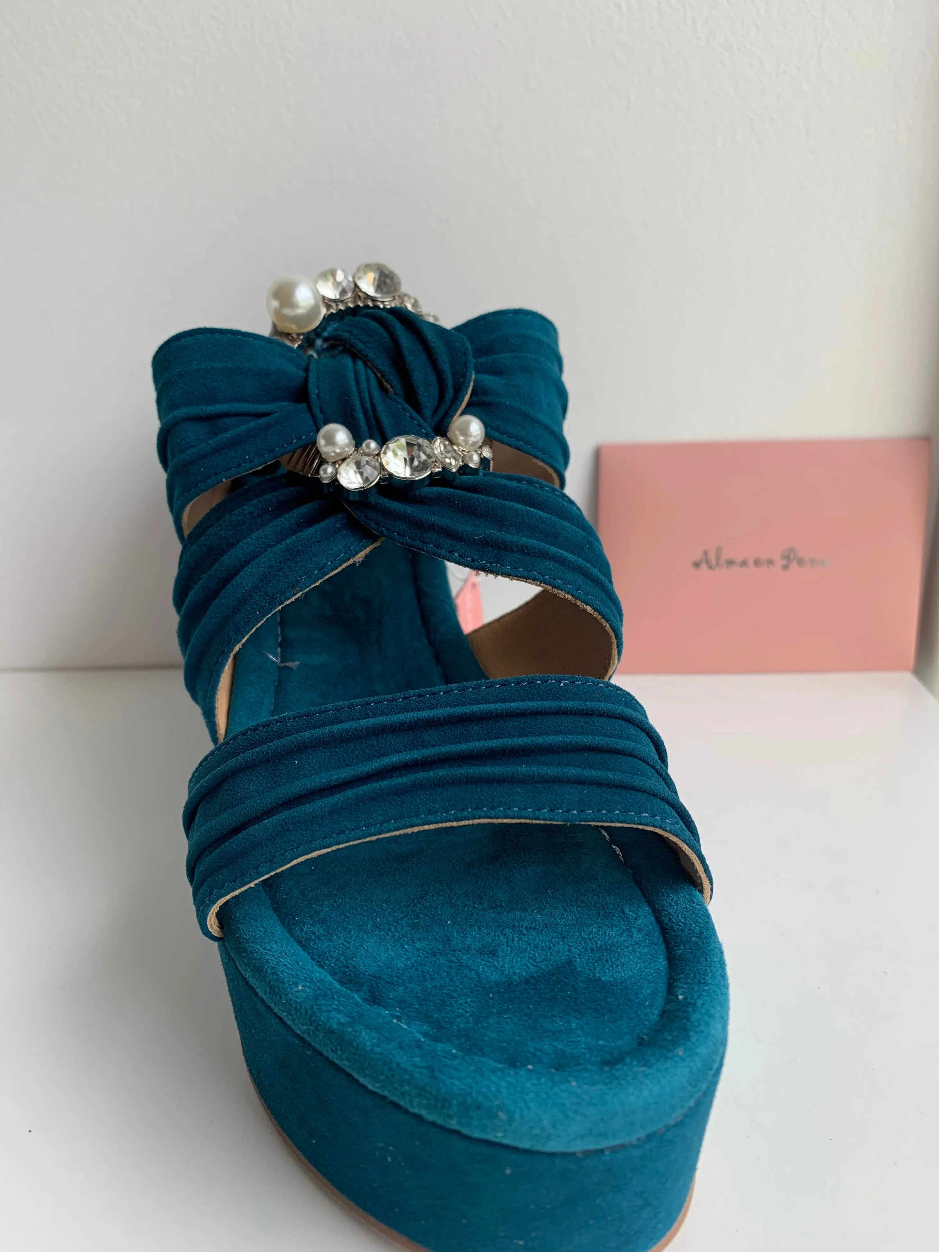 Suede Petrol Blue Jewel Wedge